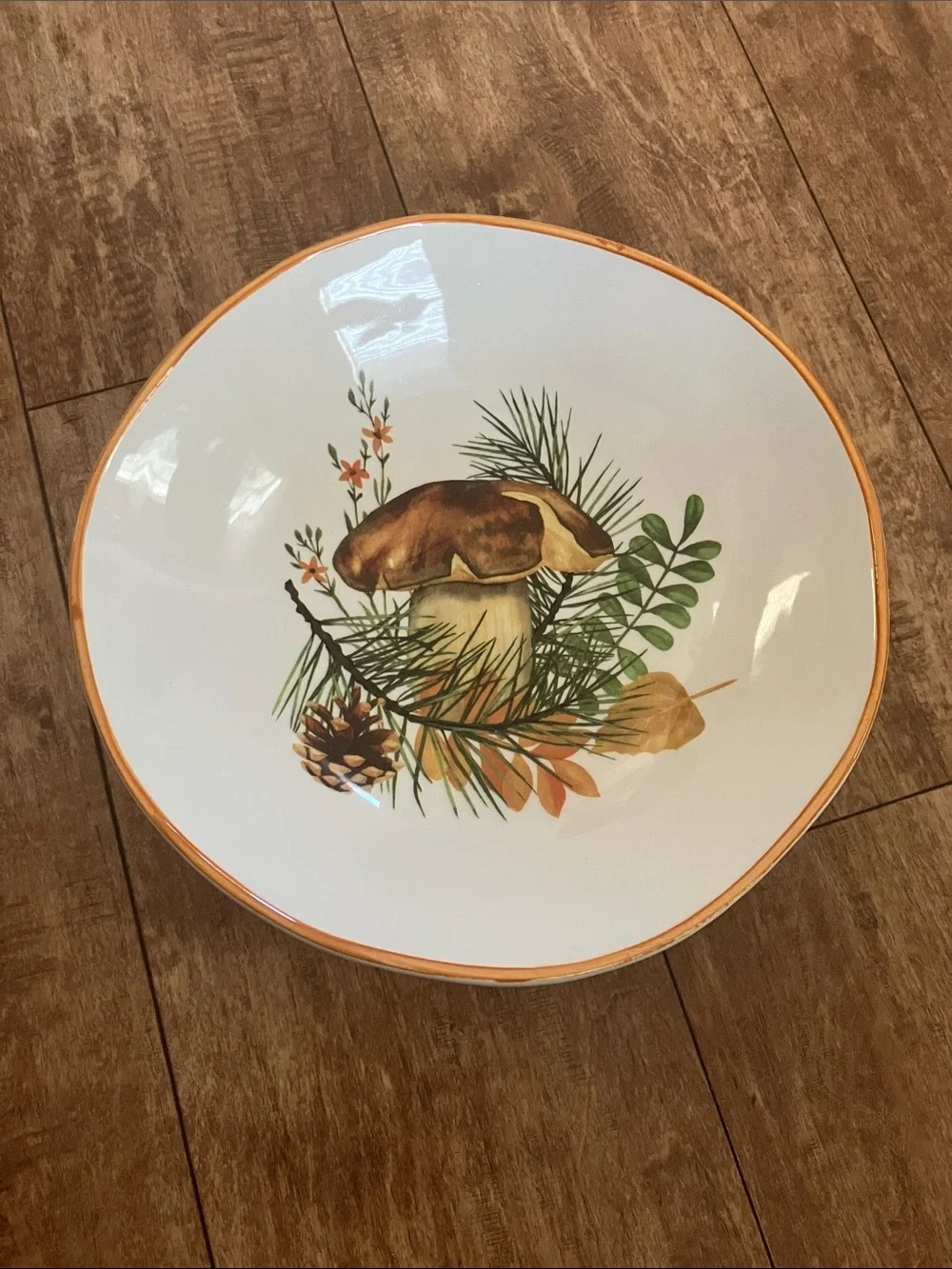 Vintage Cottage Ceramic Serving Bowl with Brown Mushroom & Green Botanical Moti